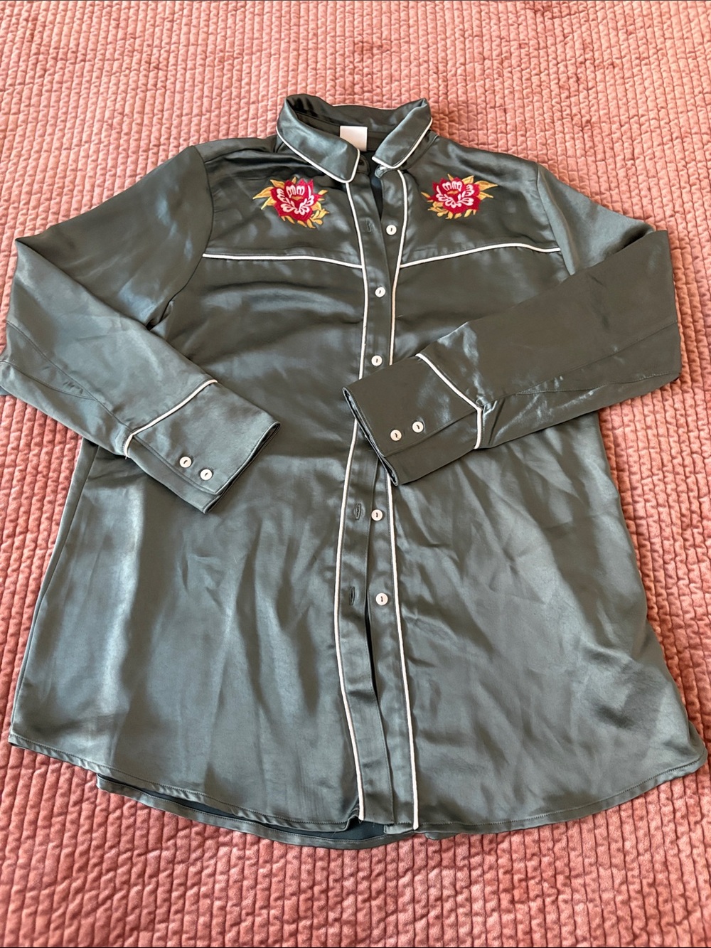 Olive Green Men's Satin Button-Up Shirt with Floral Embroidery